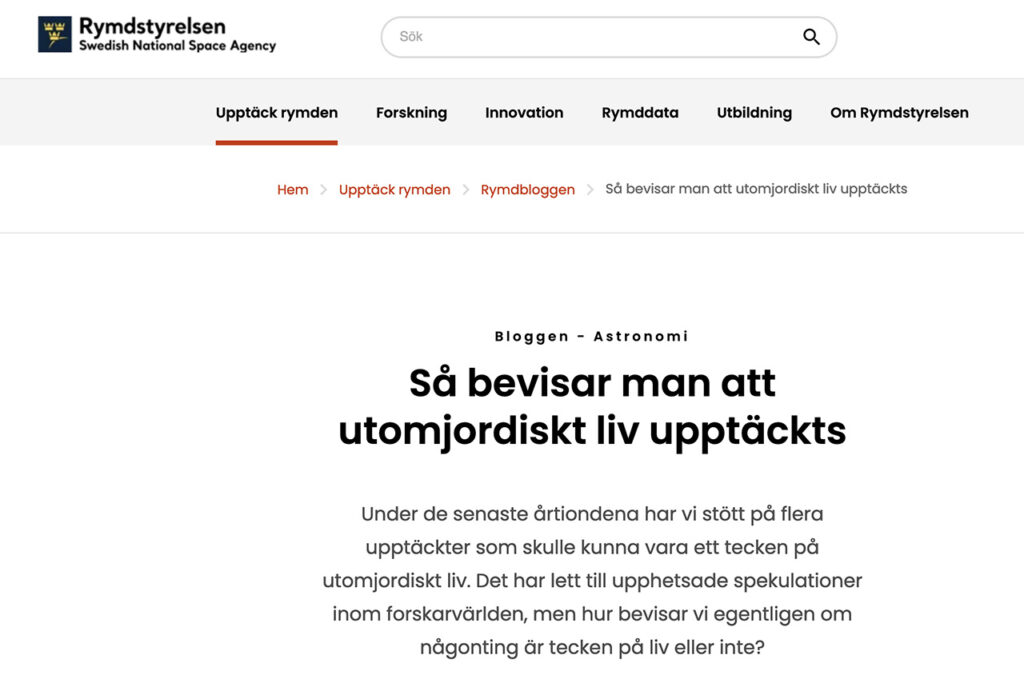 Skärmdum Rymdstyrelsen artikel 230929
